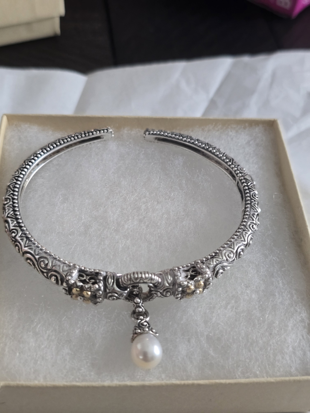 Authentic Barbara Bixby Sterling Silver & 18K Gold Pearl Dangle Hinged Cuff